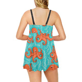 Octopus turquoise background Chest Sexy Pleated Two Piece Swim Dress