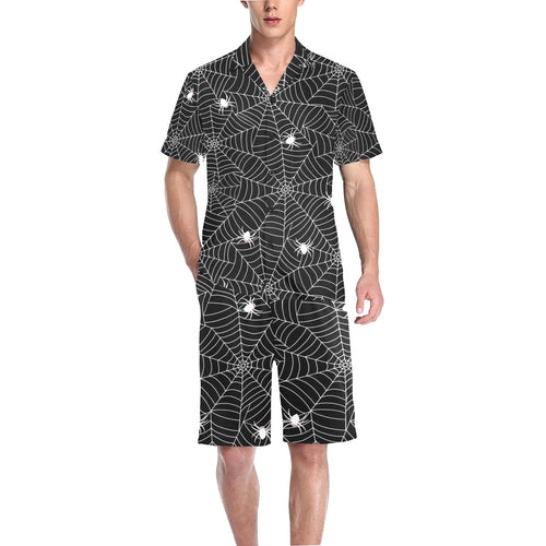 Spider web design pattern Black background white c Men's V-Neck Short Pajama Set
