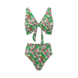 Coconut Pattern Print Design 01 Chest Bowknot High Waisted Bikini Swimsuit