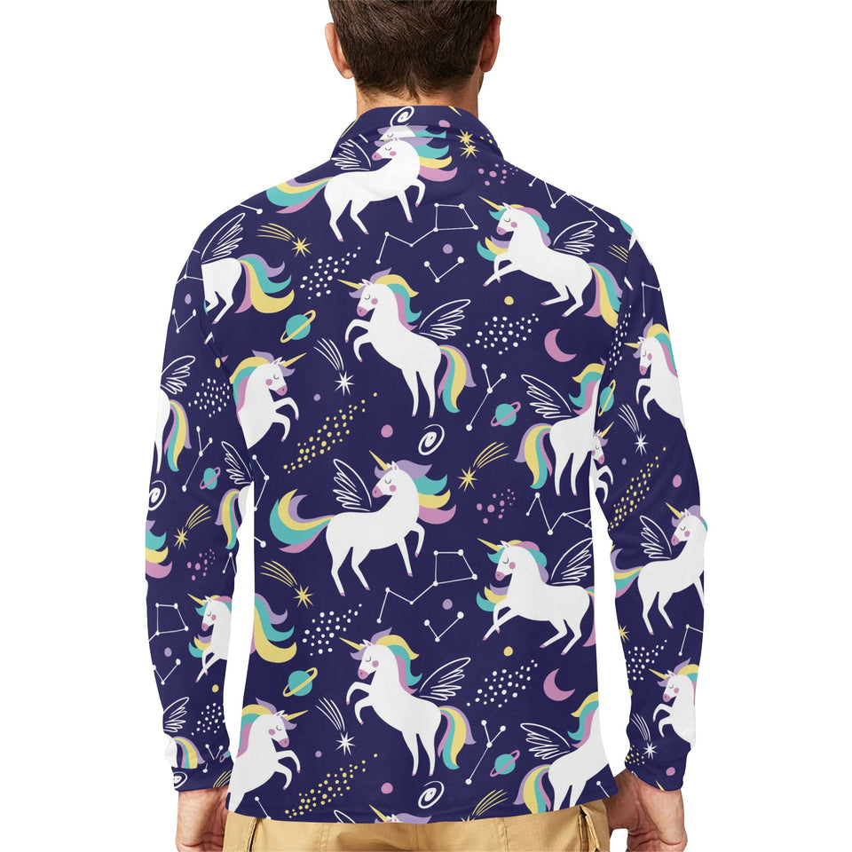 Hand drawn cute unicorn star planet Men's Long Sleeve Polo Shirt