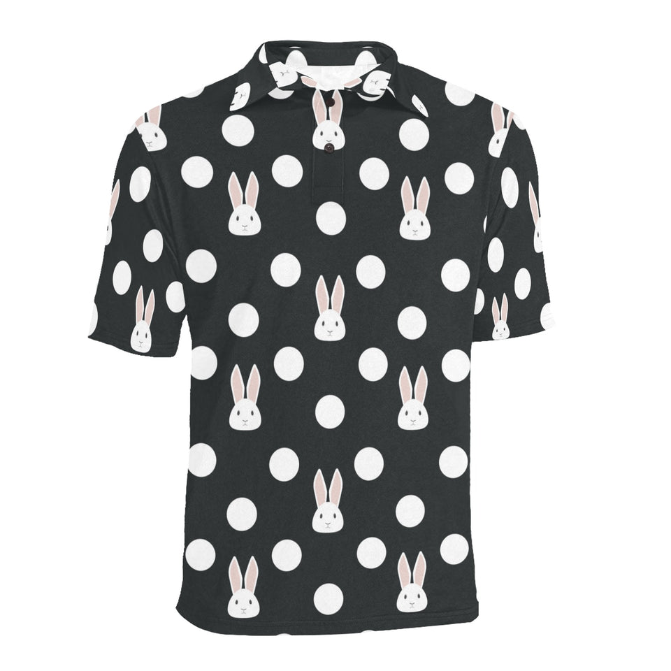 Cute white rabbit polka dots black background Men's All Over Print Polo Shirt
