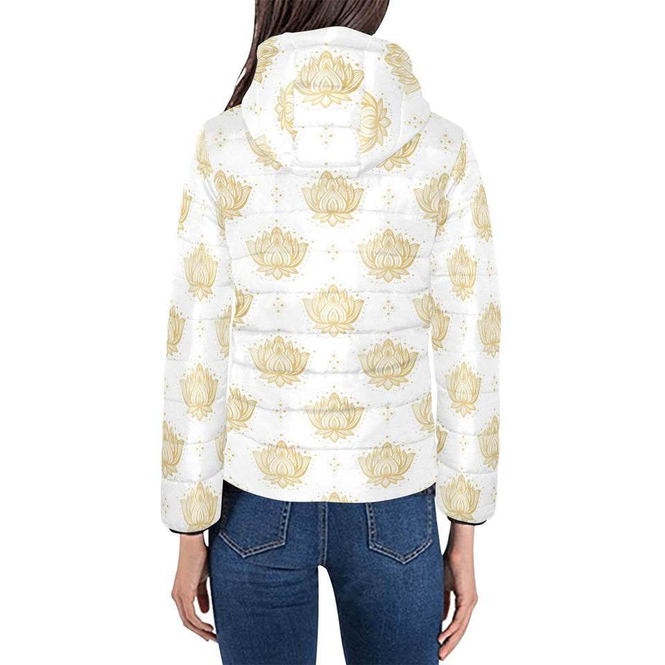 Gold Ornamental lotue waterlily symbol pattern Women's Padded Hooded Jacket