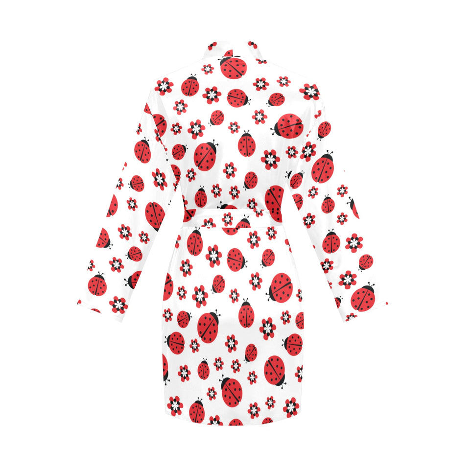 Ladybug Pattern Print Design 04 Women's Long Sleeve Belted Night Robe