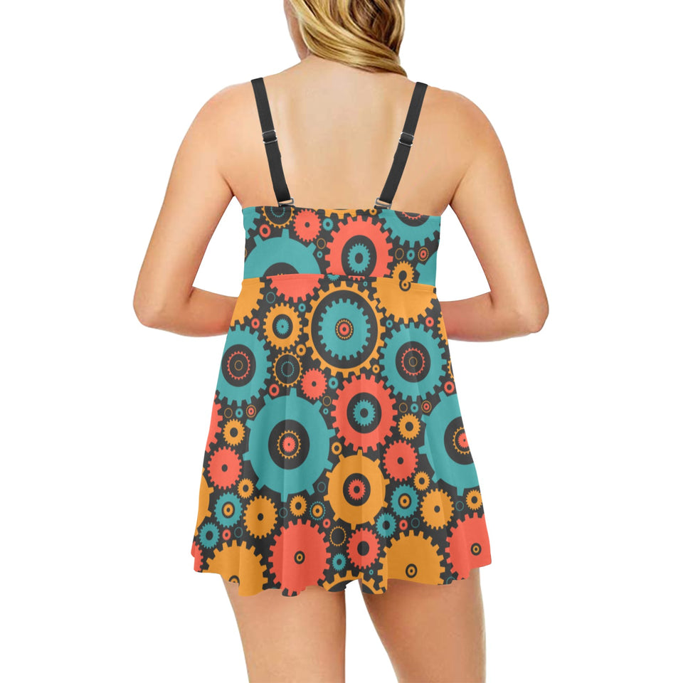 Gear Pattern Print Design 01 Chest Sexy Pleated Two Piece Swim Dress