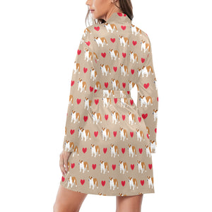 English Bulldog Pattern Print Design 05 Women's Long Sleeve Belted Night Robe