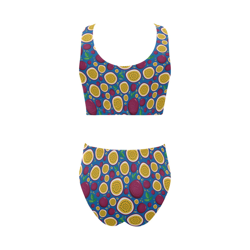 Passion fruit blue background Chest Bowknot High Waisted Bikini Swimsuit