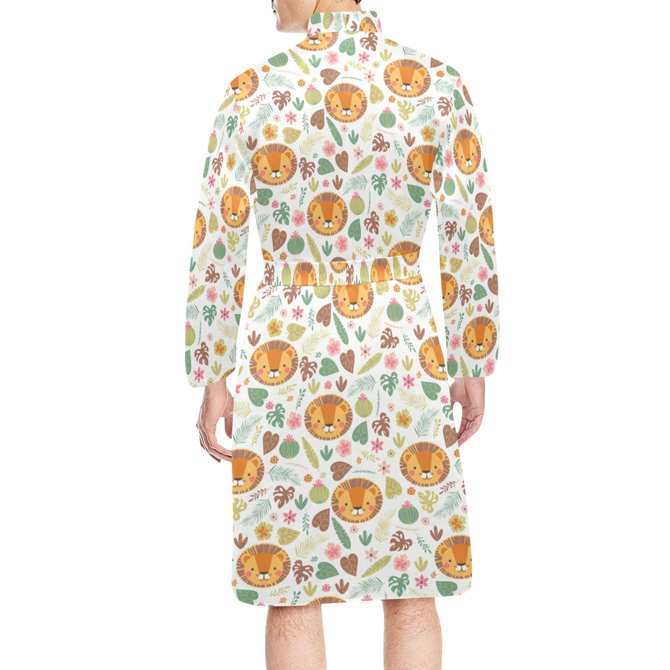 Lion Pattern Print Design 04 Men's Long Sleeve Belted Night Robe