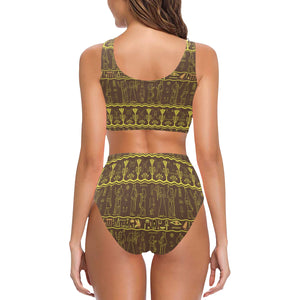 Egypt Hieroglyphics Pattern Print Design 03 Chest Bowknot High Waisted Bikini Swimsuit