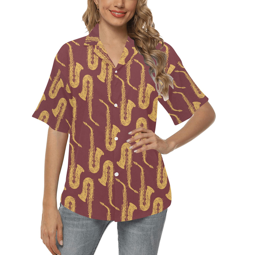 Hand drawn gold saxophone red background Women's All Over Print Hawaiian Shirt