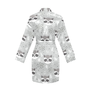 Cute raccoons leaves dot Women's Long Sleeve Belted Night Robe