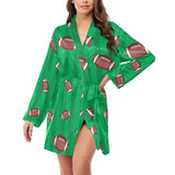 American football ball field background Women's Long Sleeve Belted Night Robe