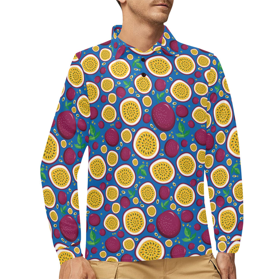 Passion fruit blue background Men's Long Sleeve Polo Shirt