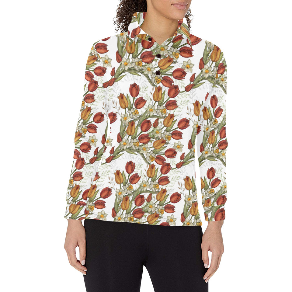 Red tulips and daffodils pattern Women's Long Sleeve Polo Shirt