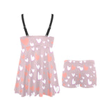 coral white heart pattern Chest Sexy Pleated Two Piece Swim Dress