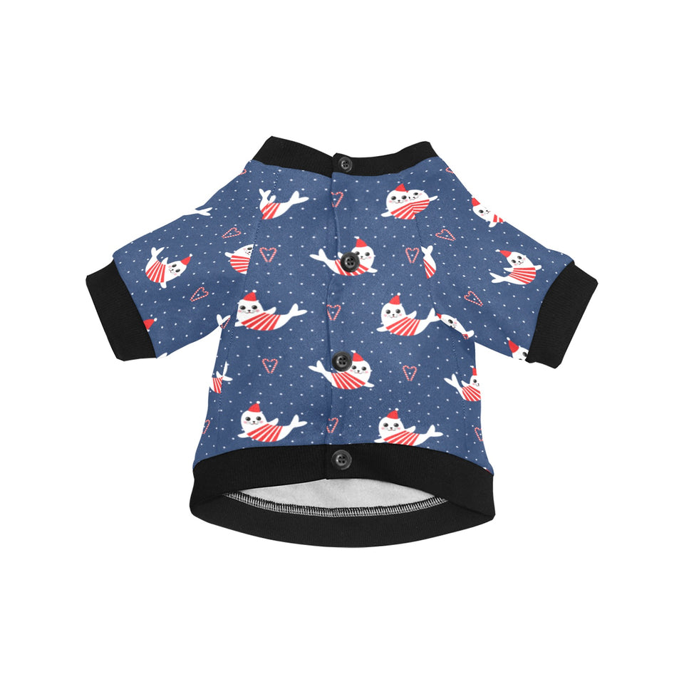 Cute sea lion seal christmas hat candy cane heart All Over Print Pet Dog Round Neck Fuzzy Shirt