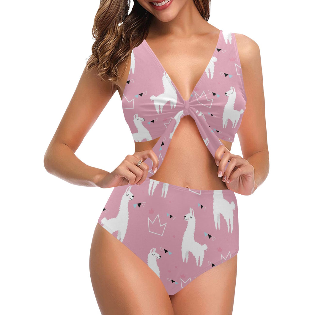 Llama Alpaca pink background Chest Bowknot High Waisted Bikini Swimsuit