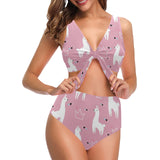 Llama Alpaca pink background Chest Bowknot High Waisted Bikini Swimsuit