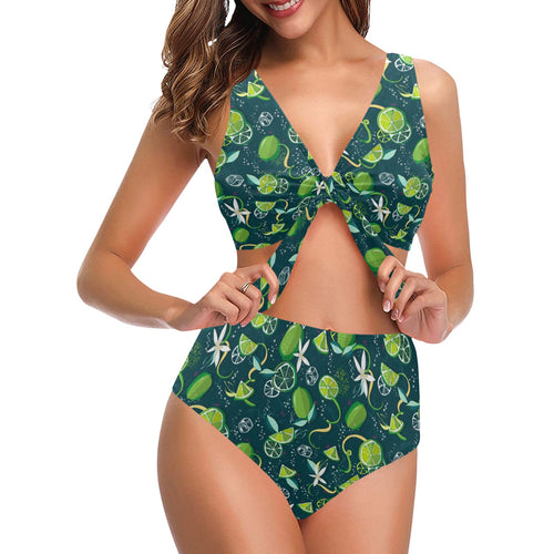 Lime ice flower pattern Chest Bowknot High Waisted Bikini Swimsuit