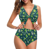Lime ice flower pattern Chest Bowknot High Waisted Bikini Swimsuit