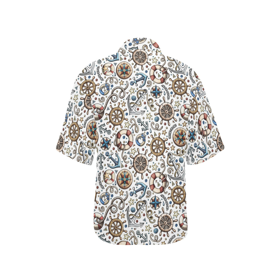 Cute nautical steering wheel anchor pattern Women's All Over Print Hawaiian Shirt