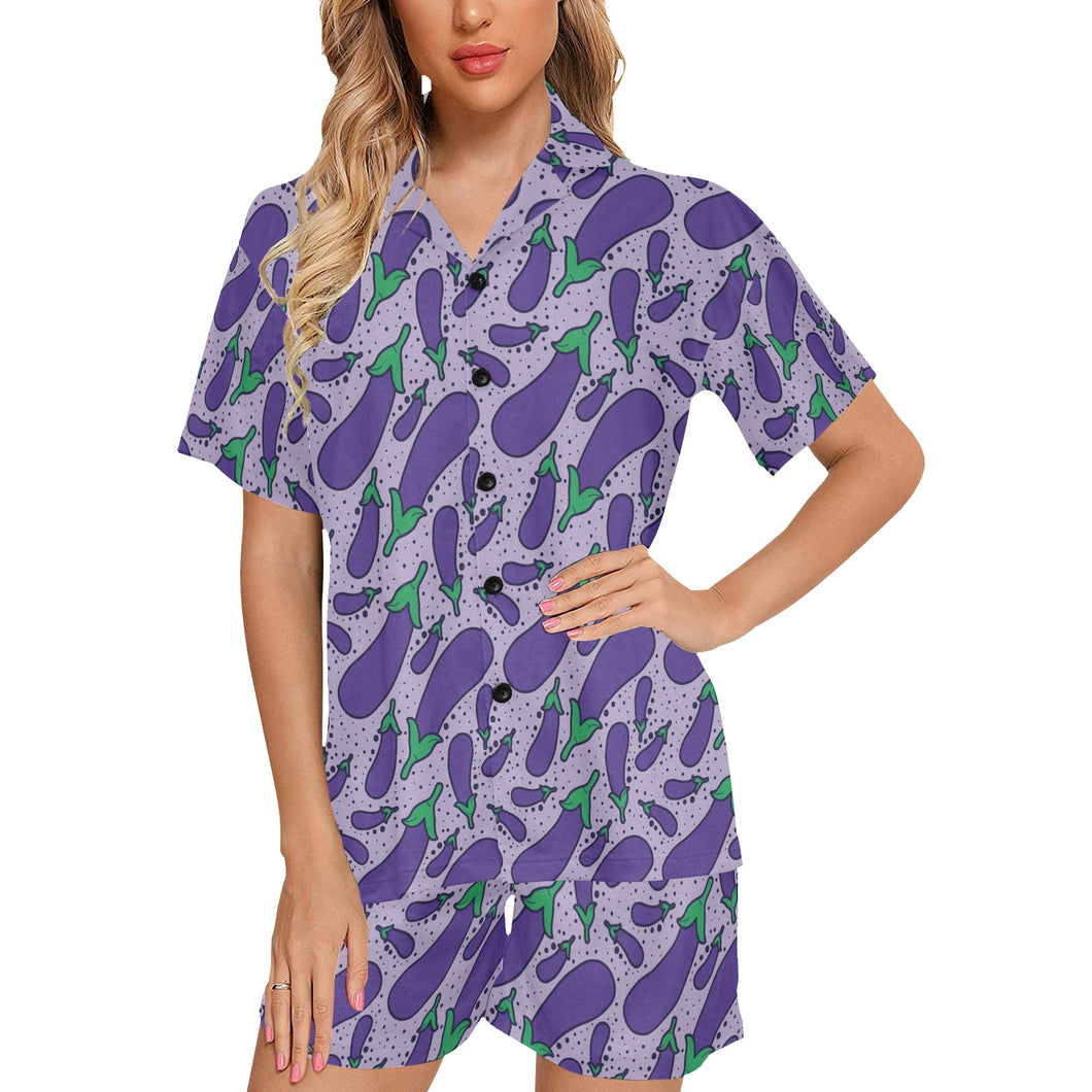 Eggplant Pattern Print Design 03 Women's V-Neck Short Pajama Set