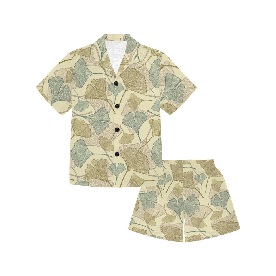 Ginkgo leaves design pattern Kids' Boys' Girls' V-Neck Short Pajama Set