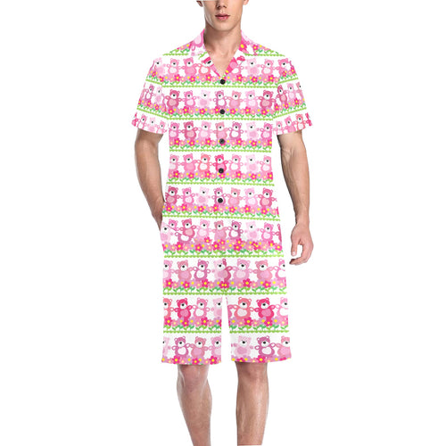 Teddy Bear Pattern Print Design 04 Men's V-Neck Short Pajama Set