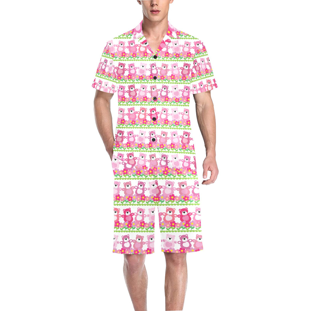 Teddy Bear Pattern Print Design 04 Men's V-Neck Short Pajama Set