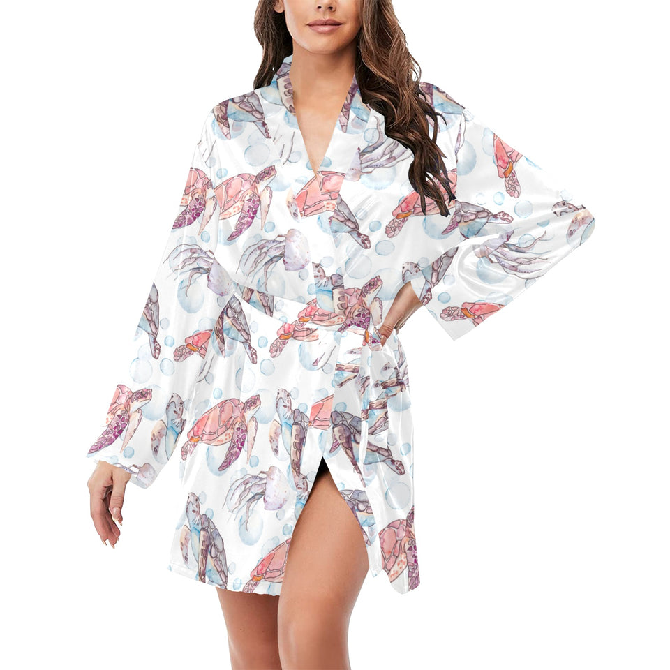 Watercolor sea turtle jellyfish pattern Women's Long Sleeve Belted Night Robe
