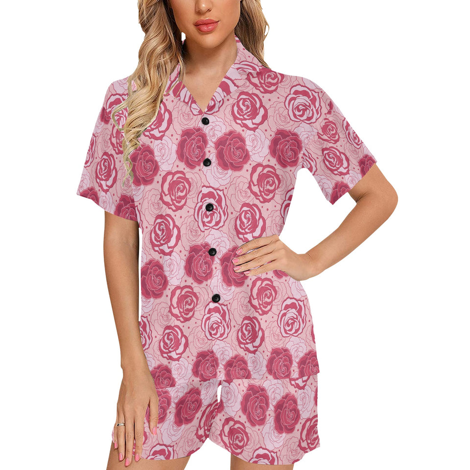 Rose Pattern Print Design 02 Women's V-Neck Short Pajama Set