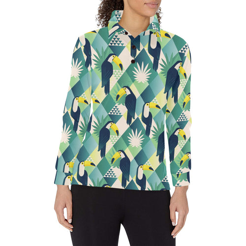 Toucan tropical leaves design pattern Women's Long Sleeve Polo Shirt