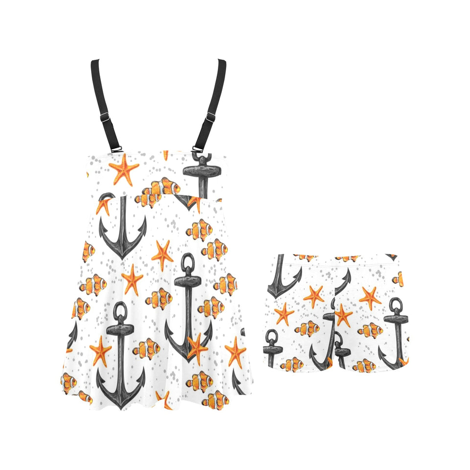 Clown Fish Pattern Print Design 02 Chest Sexy Pleated Two Piece Swim Dress