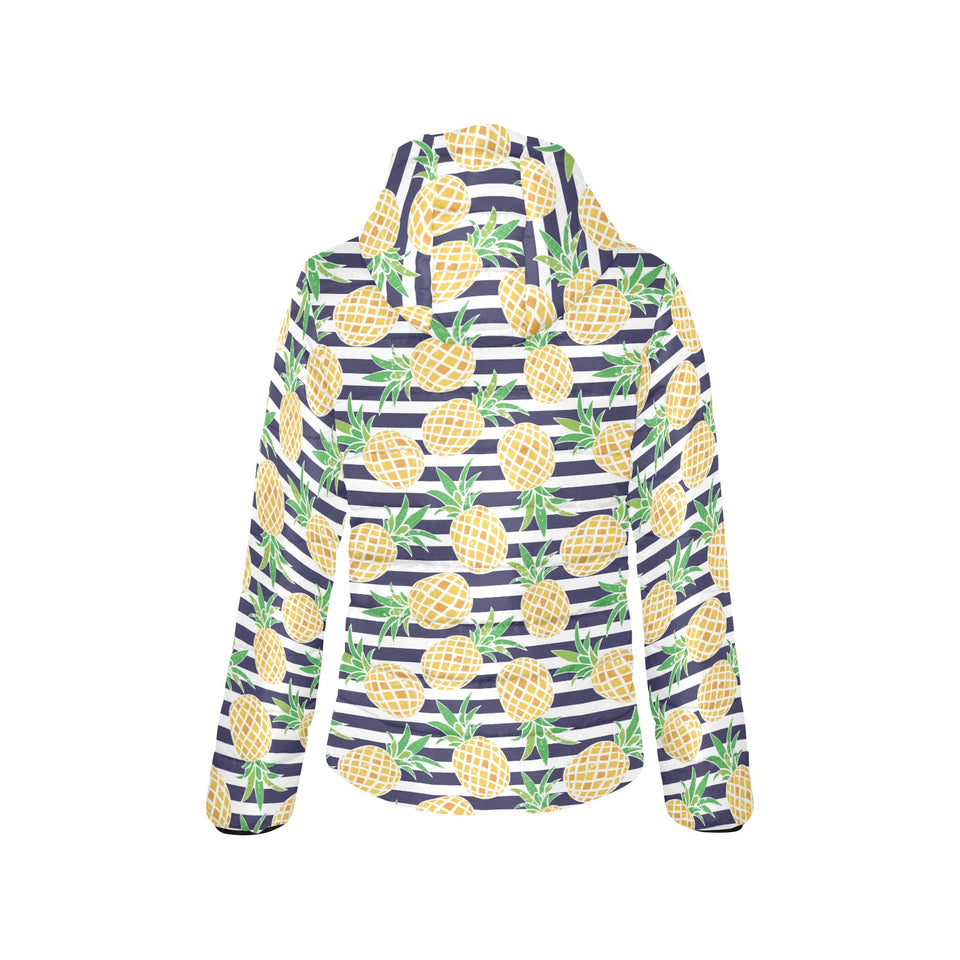 Pineapples pattern striped background Women's Padded Hooded Jacket