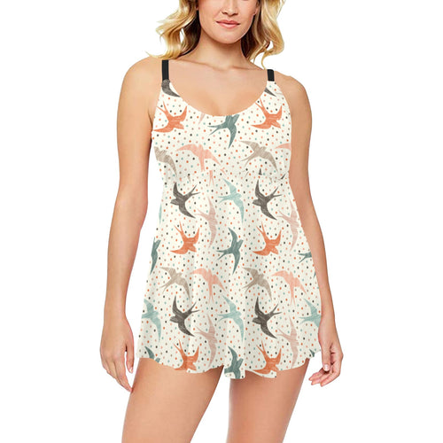 Swallow Pattern Print Design 02 Chest Sexy Pleated Two Piece Swim Dress