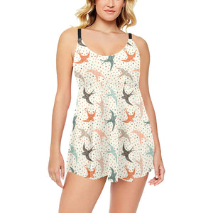Swallow Pattern Print Design 02 Chest Sexy Pleated Two Piece Swim Dress