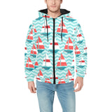 Red White sailboat wave background Men's Padded Hooded Jacket