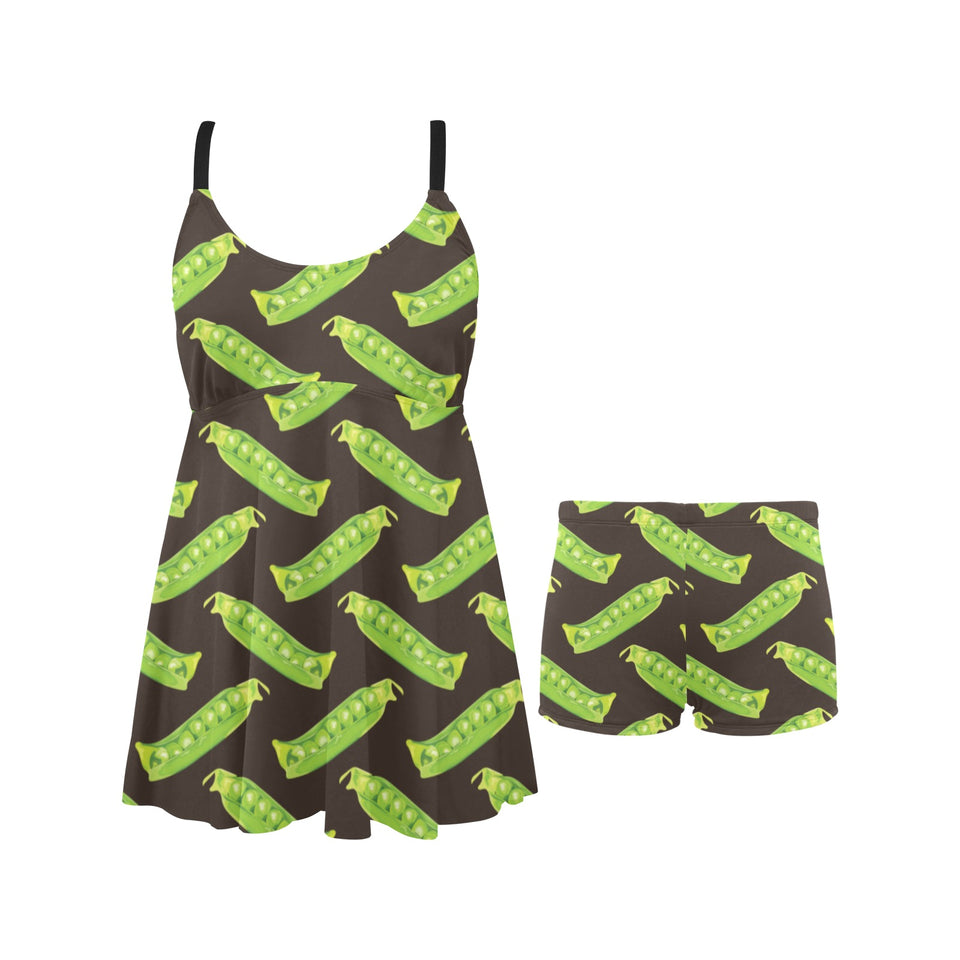Green Peas Pattern Print Design 05 Chest Sexy Pleated Two Piece Swim Dress
