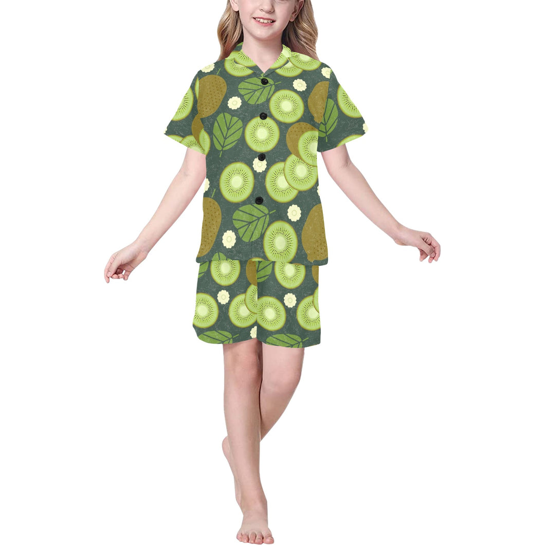 Whole sliced kiwi leave and flower Kids' Boys' Girls' V-Neck Short Pajama Set