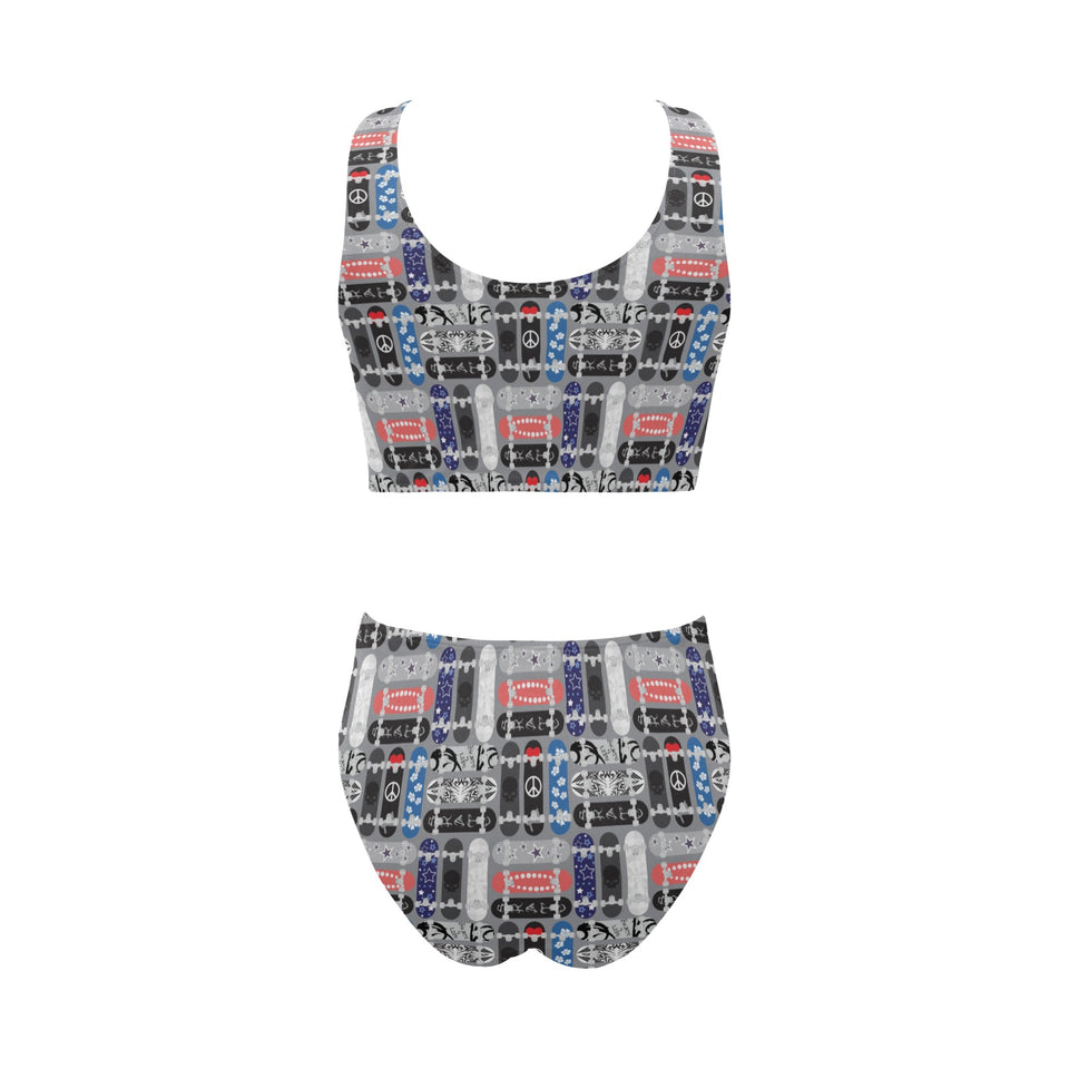 Skate Board Pattern Print Design 04 Chest Bowknot High Waisted Bikini Swimsuit