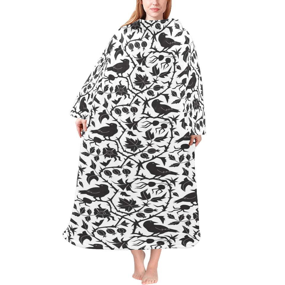 Crow dark floral pattern Blanket Robe with Sleeves