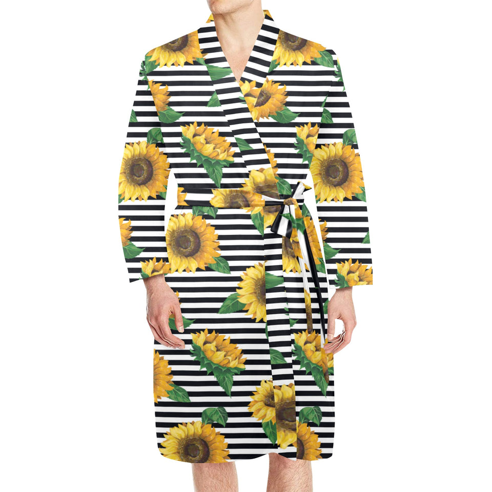 sunflowers ribbon background Men's Long Sleeve Belted Night Robe