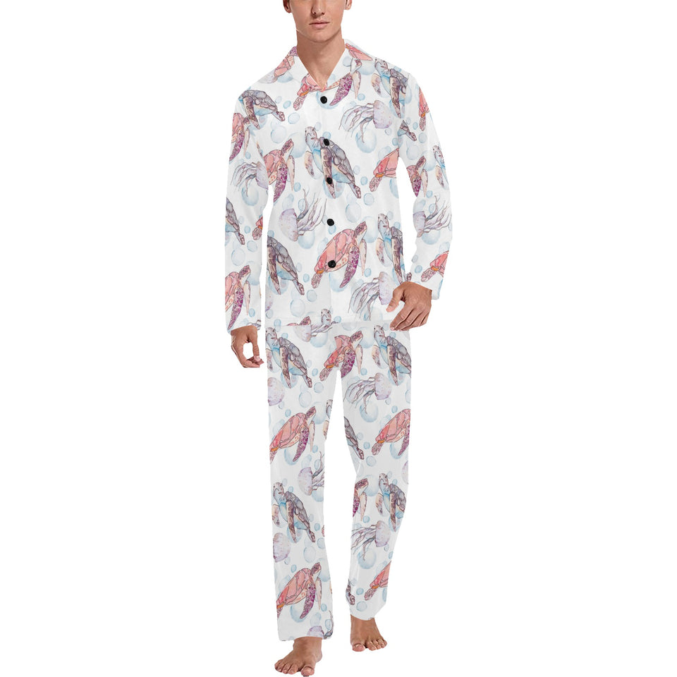 Watercolor sea turtle jellyfish pattern Men's Long Pajama Set