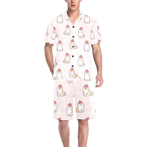 Cute Shiba Inu Dog Apple pattern Men's V-Neck Short Pajama Set