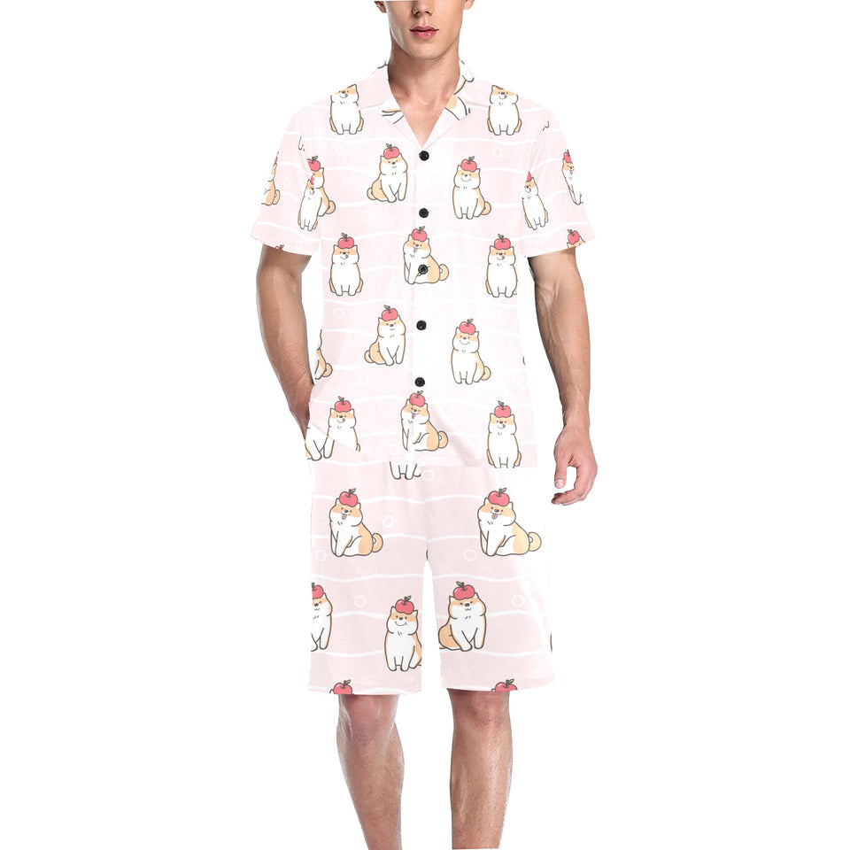 Cute Shiba Inu Dog Apple pattern Men's V-Neck Short Pajama Set