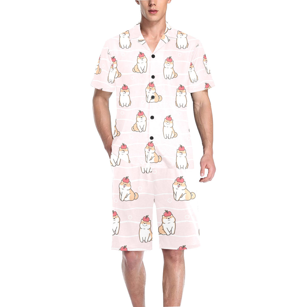 Cute Shiba Inu Dog Apple pattern Men's V-Neck Short Pajama Set