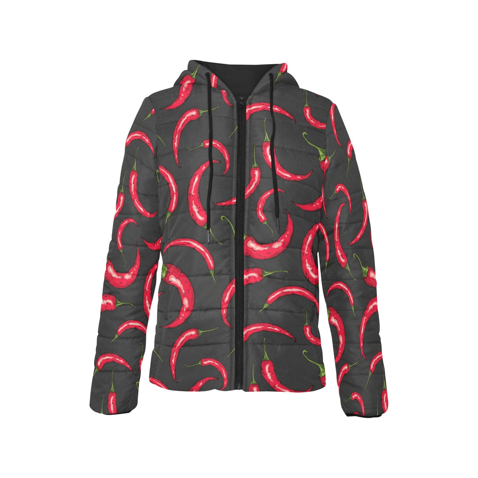 Chili peppers pattern black background Women's Padded Hooded Jacket