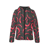 Chili peppers pattern black background Women's Padded Hooded Jacket