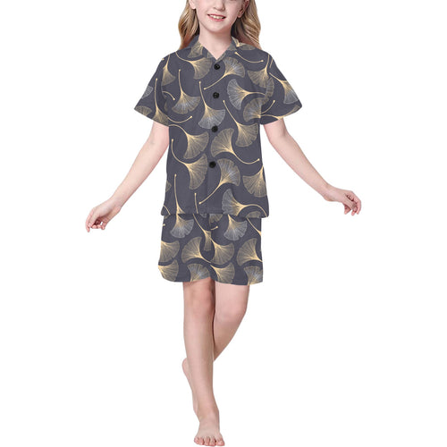 Gold ginkgo leaves Kids' Boys' Girls' V-Neck Short Pajama Set