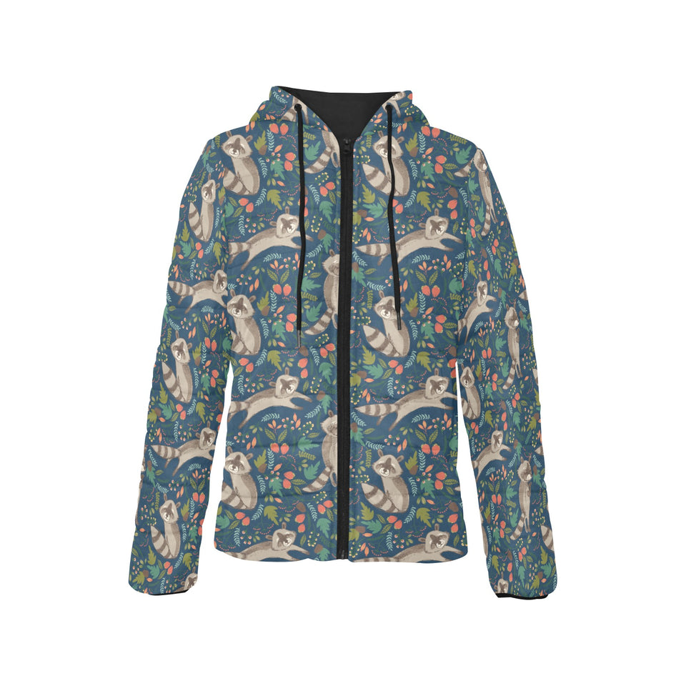Raccoon tropical leaves pattern Women's Padded Hooded Jacket