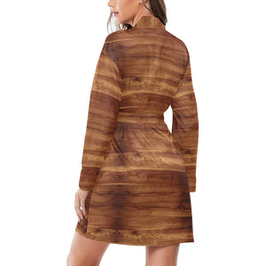 Wood Printed Pattern Print Design 04 Women's Long Sleeve Belted Night Robe